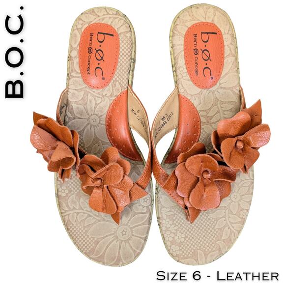 B.O.C. Born Concept Daly Leather 3D Orange Floral Thong Sandal 6 Comfort Padding - Picture 1 of 11